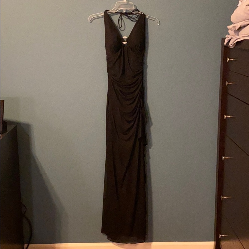Full length black halter formal dress